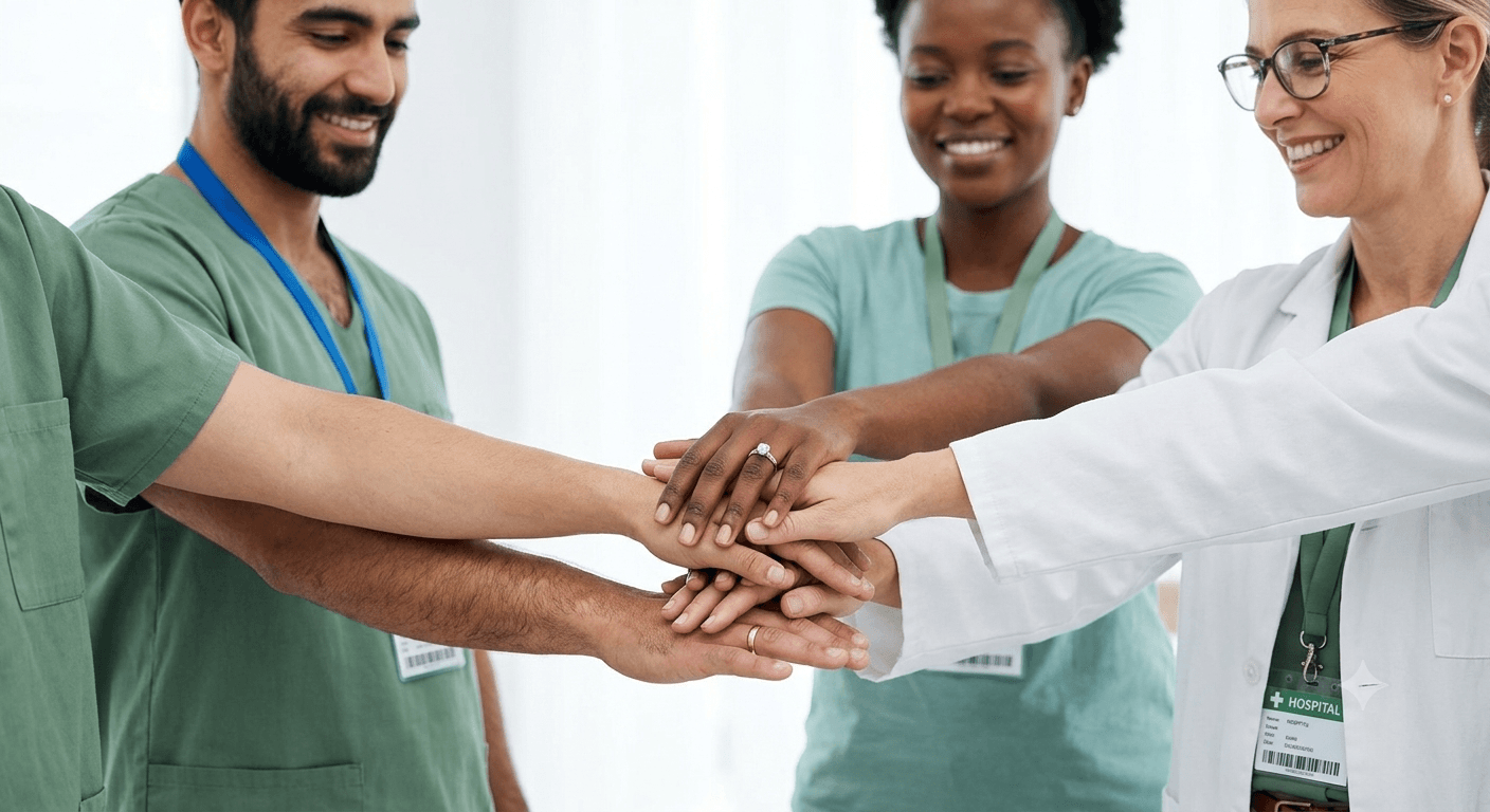 Healthcare team joining hands in collaboration