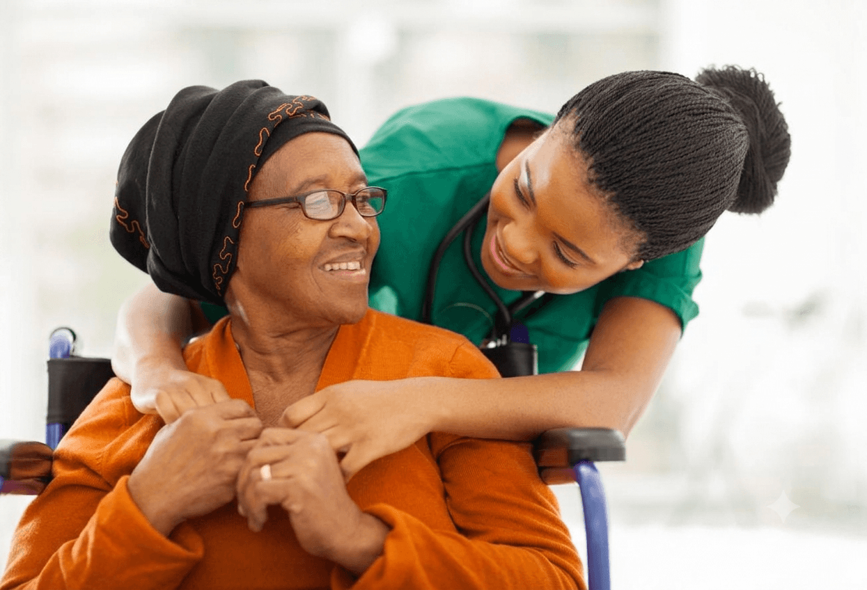 Compassionate CNA caregiver supporting an elderly patient
